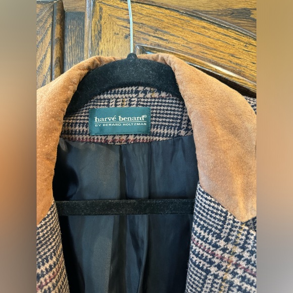 Harve Benard Women's Suit Coat Vintage Blazer Brown Black Tweed Leather Collar - Picture 2 of 5